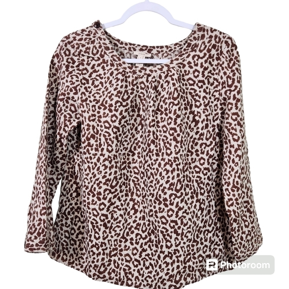 NWT J. Crew 100% Linen Safari Cat Animal Print Long Sleeve Tessa Blouse, sz 4